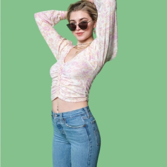 FREE PEOPLE SAY THE WORD CROP TOP Floral Printed Ruched Ivory Pink - Picture 3 of 8